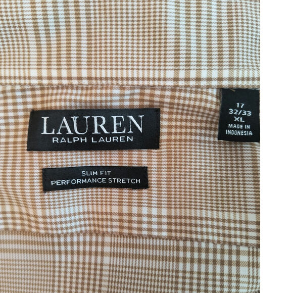 Lauren Ralph Lauren Black Label Button Down Shirt Men's Sz XL 17 Slim Tan Check - Picture 2 of 11